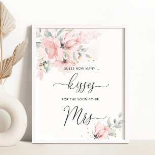 Blush blommig hur många kyssar bröllopsdusch spel poster