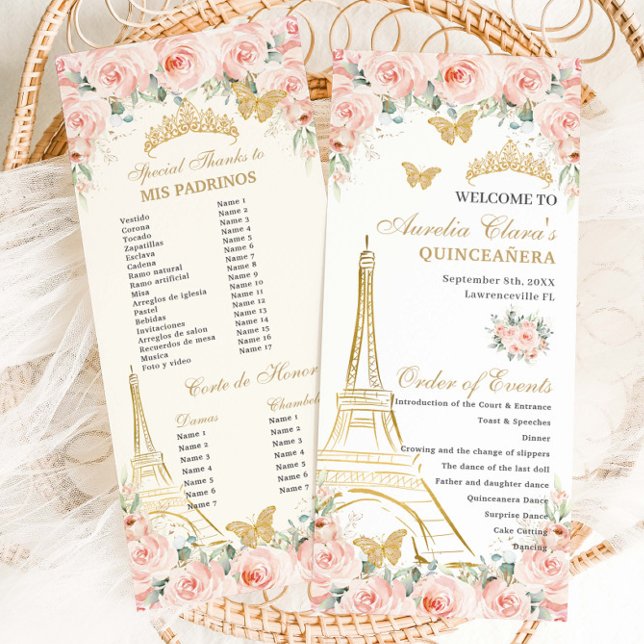 Blush Blommig Paris Eiffeltor Champagne Quinceañer Program (Skapare uppladdad)