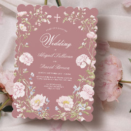 Blush Blommig Ram på Dammig Rosa Religiös Bröllop Inbjudningar