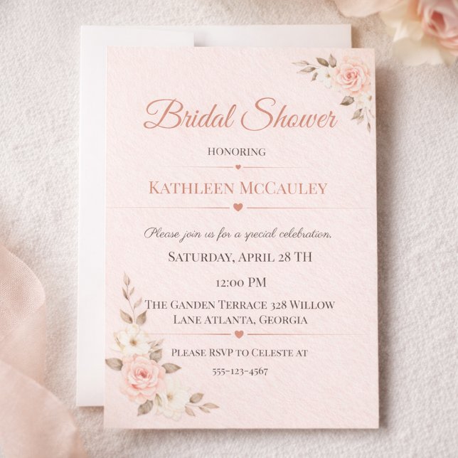 Blush Blommig Romantik Inbjudan (Blush rose bridal shower card with soft botanical florals for romantic garden celebrations)