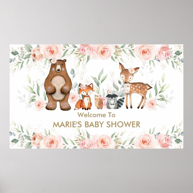 Blush Blommig Skogs Djur Baby Shower Välkommen  Poster (Framsidan)