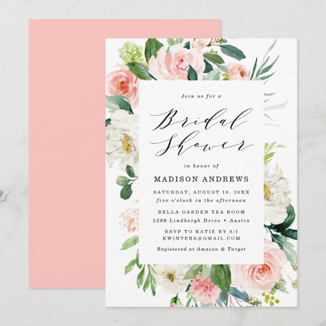 Blush Blommor | Bröllopsfest med blomsterinramning Inbjudningar (Fram/baksida)