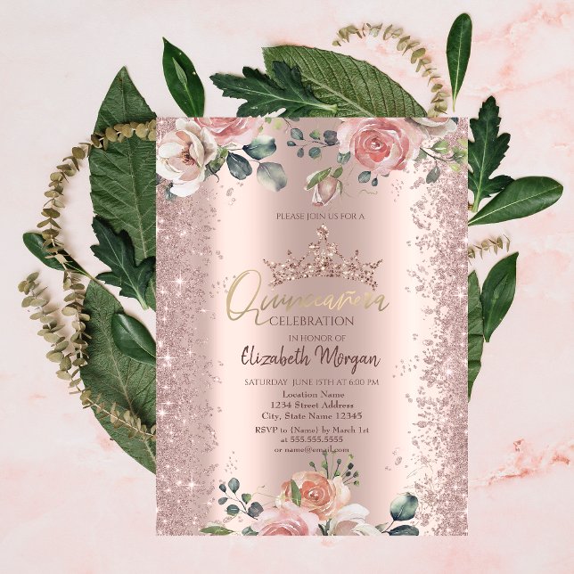 Blush Blommor Diamanter Rosa Guld  Inbjudningar (Skapare uppladdad)