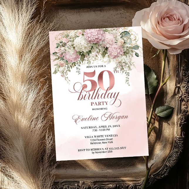 Blush Blommor och Grönska Rose Guld 50-årsdag Inbjudningar (Blush Florals and Greenery Rose Gold 50th Birthday)