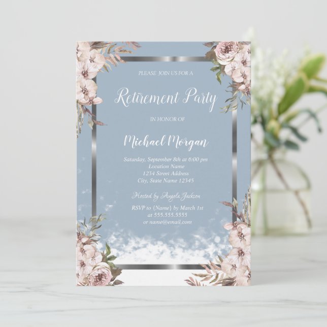 Blush Blommor Silver Ram Dusty Blue Pension  Inbjudningar (Stående Fram)