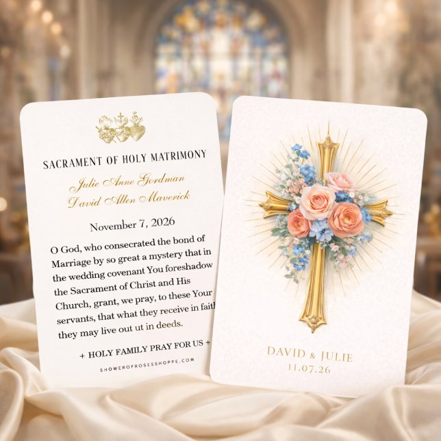 Blush Blue Floral Gold Cross Wedding Prayer  Visitkort (Skapare uppladdad)