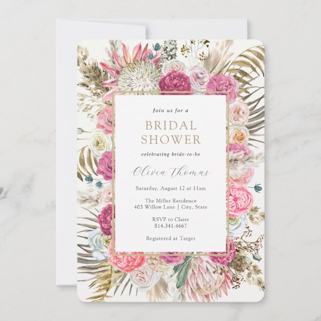 Blush Bohemian Floral Bridal Shower Inbjudningar (Framsida)