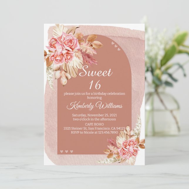 Blush Boho Pampas Grass Sweet 16 Birthday Inbjudningar (Stående Fram)
