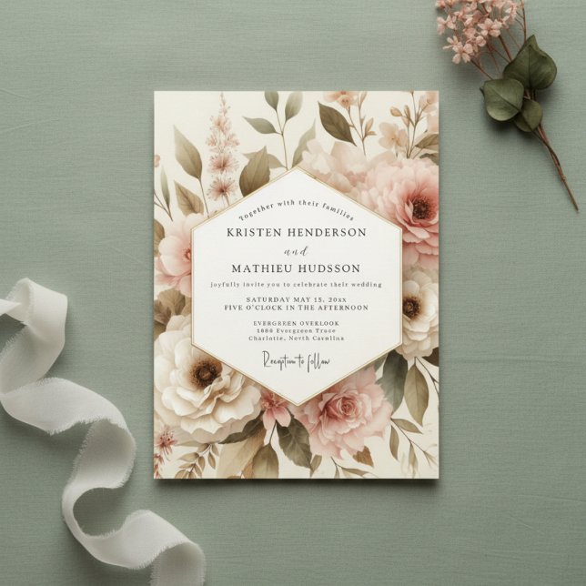 Blush Botanical Romance Wedding Inbjudningar (Skapare uppladdad)