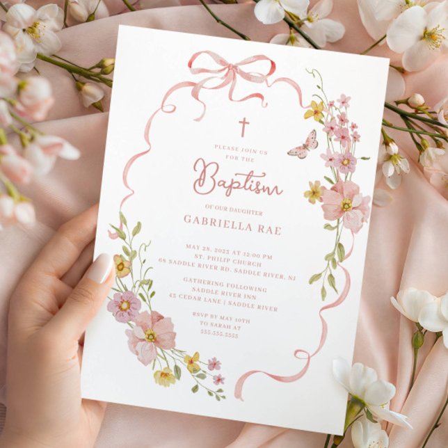 Blush Bow Floral Baptism Inbjudningar (Skapare uppladdad)