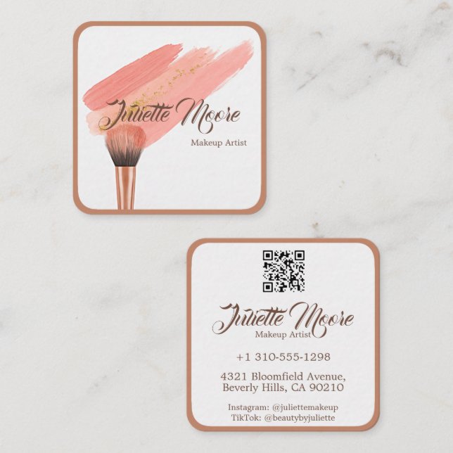 Blush Brush Makeup Artist Business Card Fyrkantigt Visitkort (Fram/baksida)
