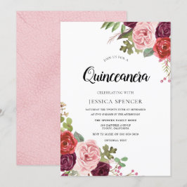 Blush & Burgundy Blommor Trendig Quinceanera Inbju Inbjudningar