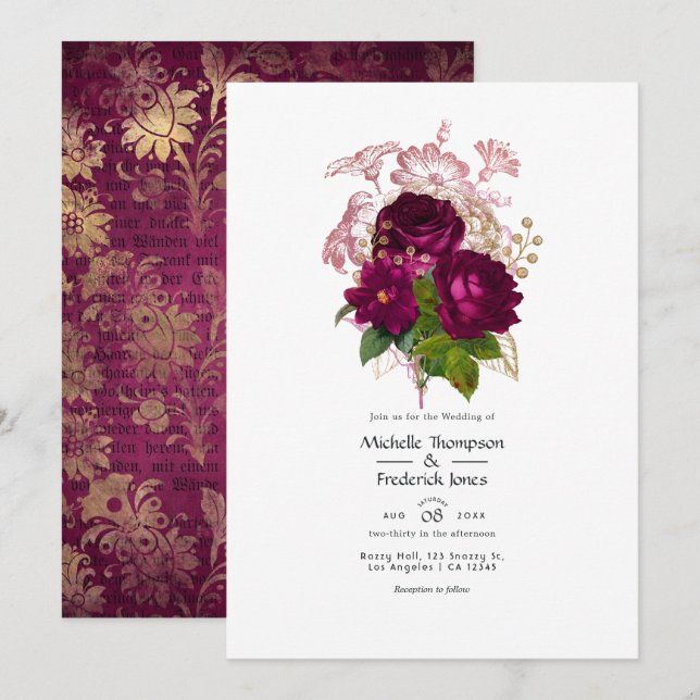 Blush Burgundy Guld Shabby Blommig Bröllops QR-kod Inbjudningar (Fram/baksida)