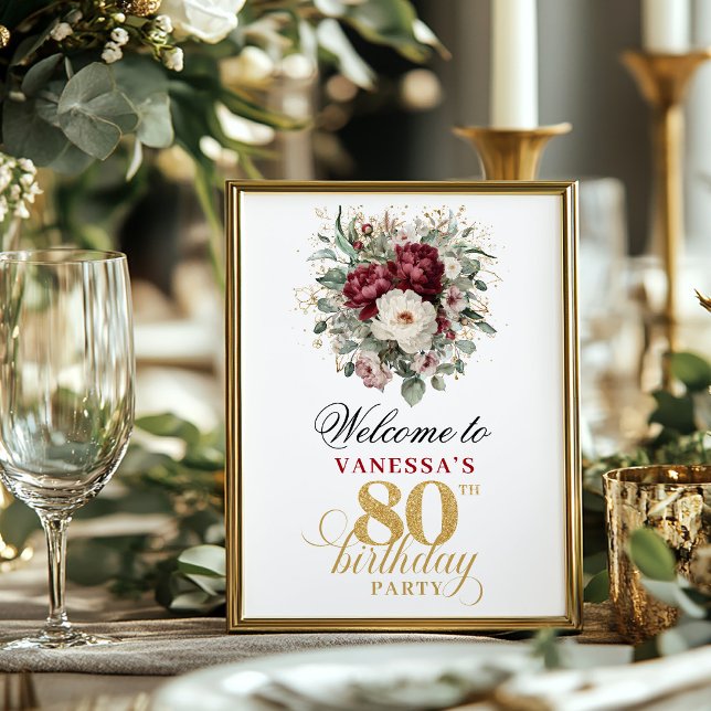 Blush Burgundy Välkomst 80-årsdag Poster (Blush Burgundy Welcome 80th Birthday Poster)