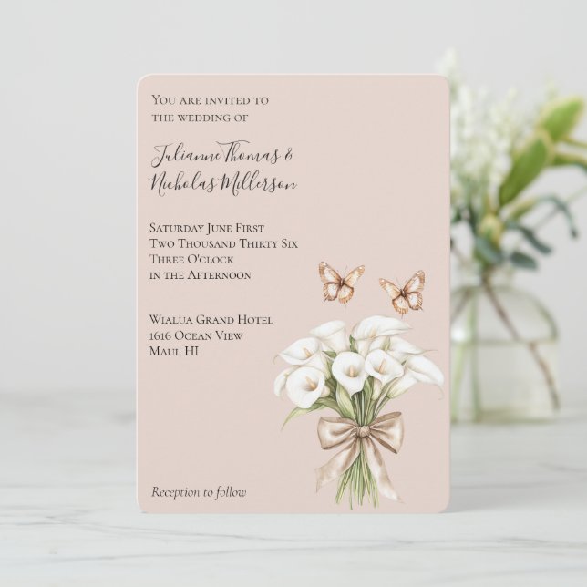 Blush Calla Lily Floral Butterflies Bow Wedding Inbjudningar (Stående Fram)