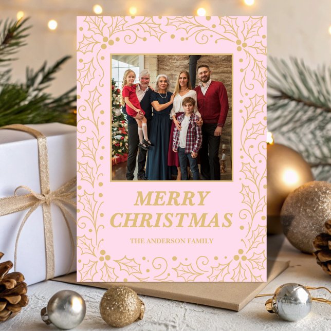 Blush & Champagne Guld Jul Familjefoto Julkort (Skapare uppladdad)