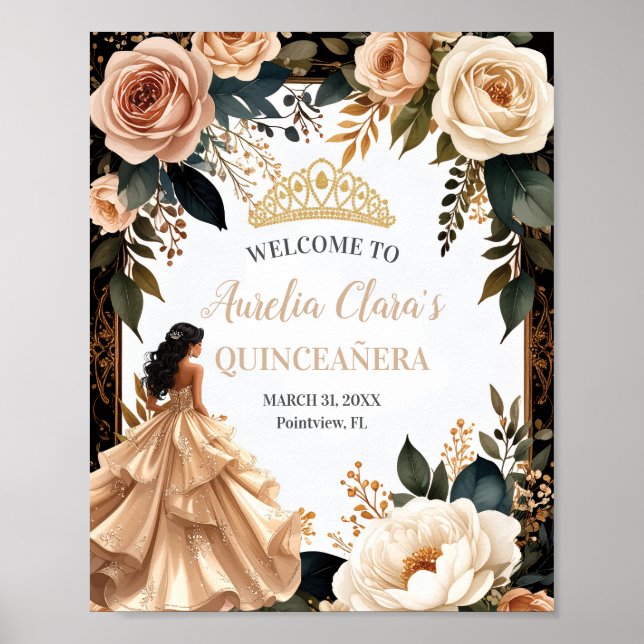 Blush Champagne Ivory Floral Princess Quinceanera Poster (Framsidan)