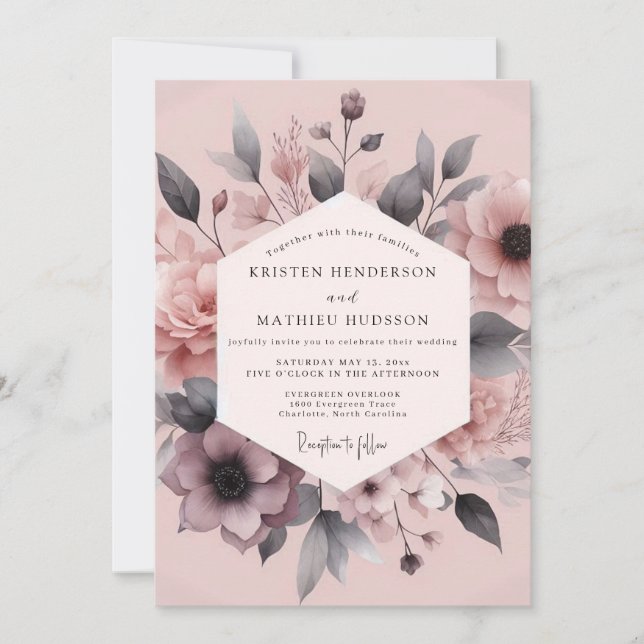 Blush Charcoal Floral Elegance Wedding Inbjudningar (Framsida)
