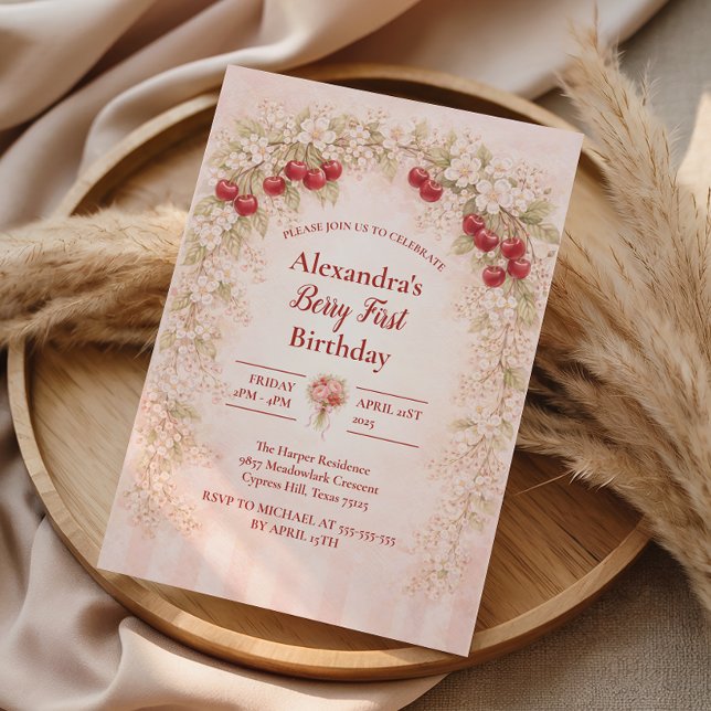 Blush Cherry Botanical Party 1st Birthday Inbjudningar (Skapare uppladdad)