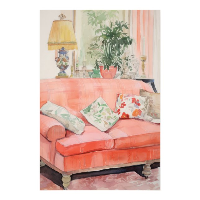 Blush Comfort – Vattenfärg Rosa Soffa Vardagsrum Fototryck (Framsidan)