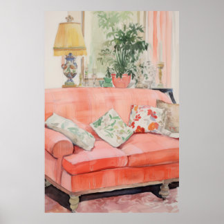 Blush Comfort – Vattenfärg Rosa soffa Vardagsrum Poster