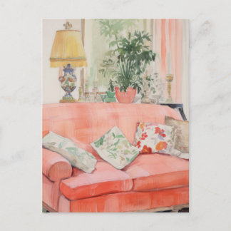 Blush Comfort – Watercolor Pink Couch Living Room Vykort