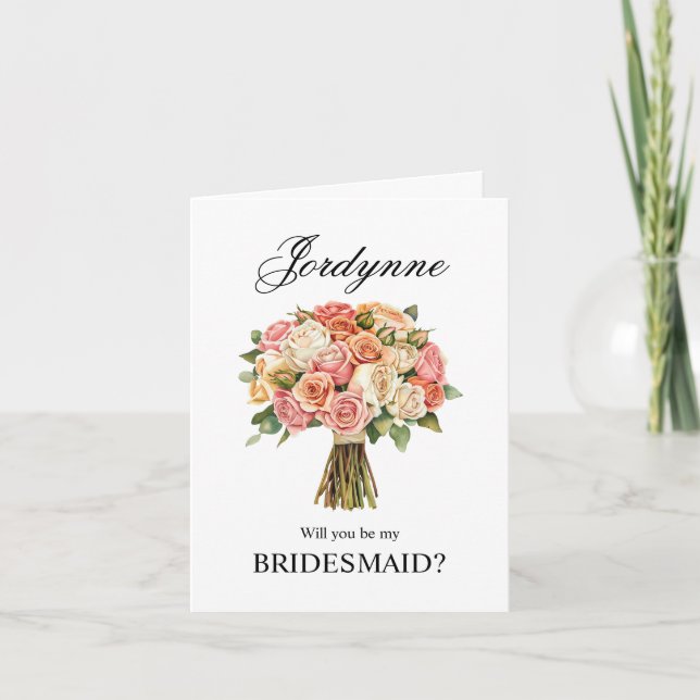 Blush + Coral Rosbukett Brudtärna Förslag Kort (Framsida)