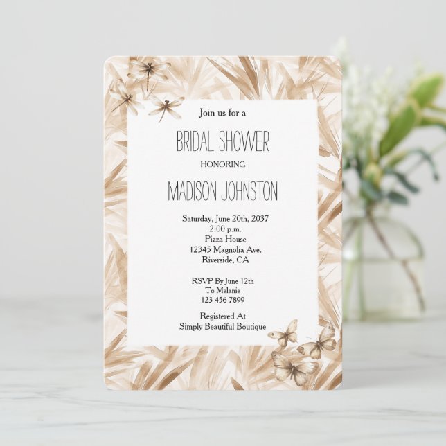 Blush Cream Butterflies Dragonflies Bridal Shower Inbjudningar (Stående Fram)