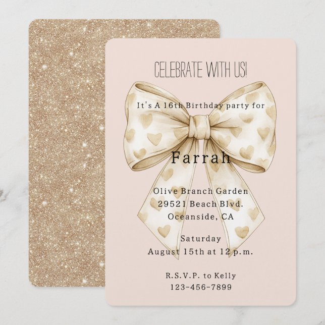 Blush Cream Hearts Bow Gold Glitter Birthday   Inbjudningar (Fram/baksida)