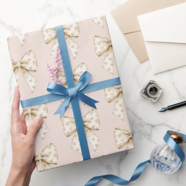 Blush Cream Hearts Bows Birthday Presentpapper (Gifting)