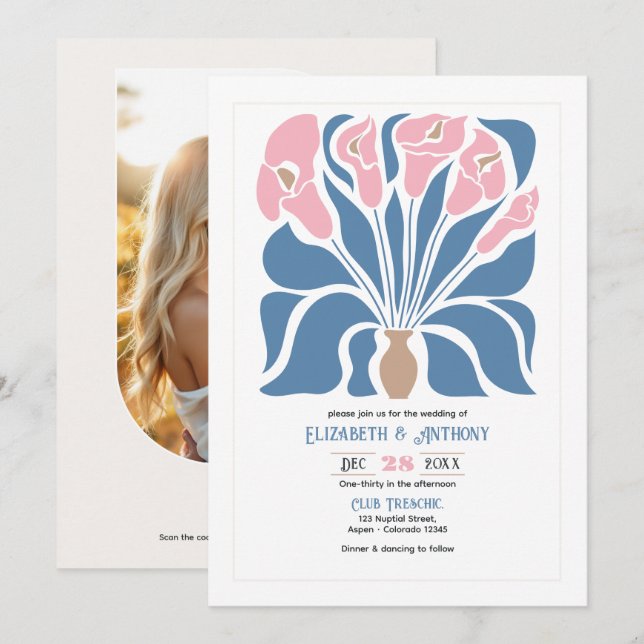 Blush & Denim Lera Abstrakt Blommig Boho Bröllop Inbjudningar (Fram/baksida)