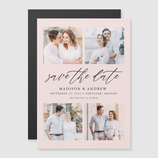 Blush Elegant Script 4 Foto Collage Save The Date Magnetisk Inbjudningskort (Fram/baksida)