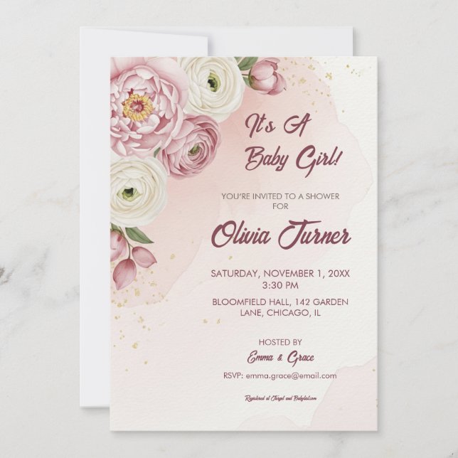 Blush Floral Baby Shower Invitation with Elegance Inbjudningar (Framsida)