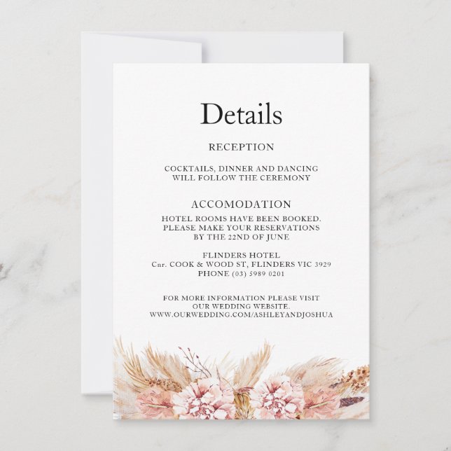 Blush Floral Boho Pampas Bröllopsdetaljkort Inbjudningar (Framsida)