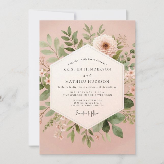 Blush Floral Botanical Romance Wedding Inbjudningar (Framsida)