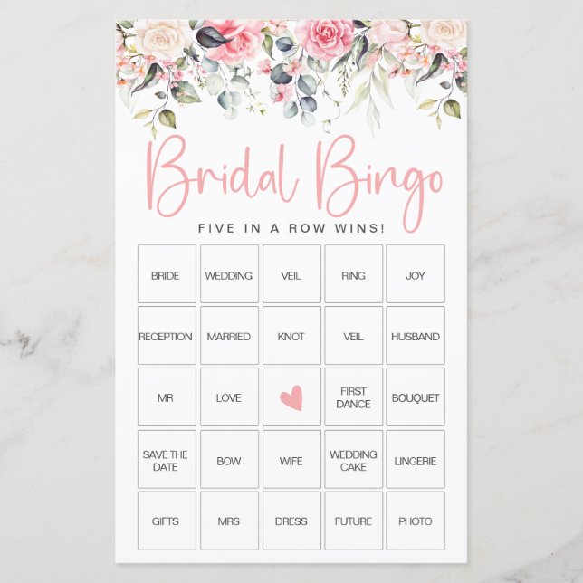 Blush Floral | Bröllopsdusch Bingo Spelkort (Framsida)