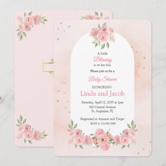 Blush Floral Christian Baby Shower with Gold Cross Inbjudningar