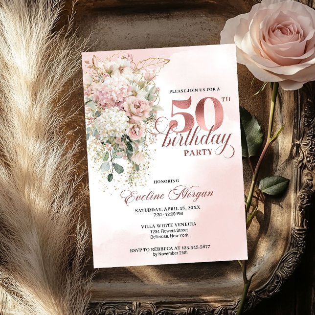 Blush Floral Eucalyptus Rose Gold 50th Birthday  Inbjudningar (Blush Floral Eucalyptus Rose Gold 50th Birthday Invite)