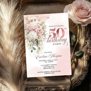 Blush Floral Eucalyptus Rose Guld 50-årsfirande Inbjudningar