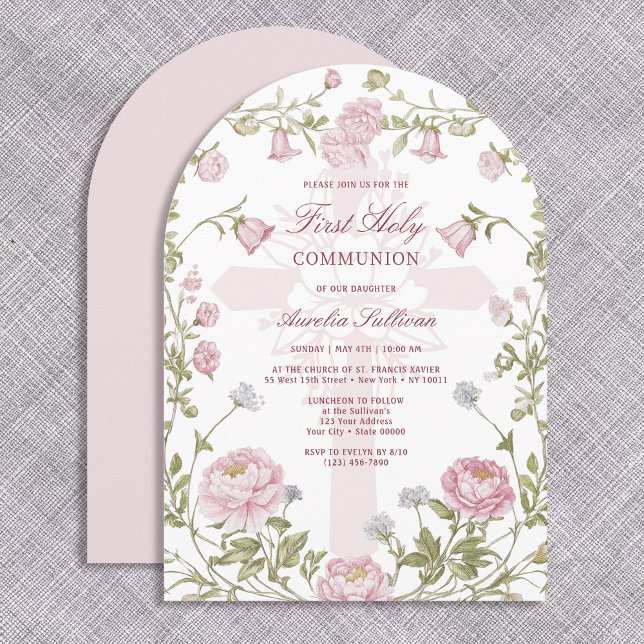 Blush Floral Frame Holy Cross First Holy Communion Inbjudningar (Skapare uppladdad)