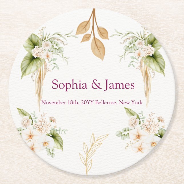 Blush Floral Gold Geometric wedding Underlägg Papper Rund (Framsidan)
