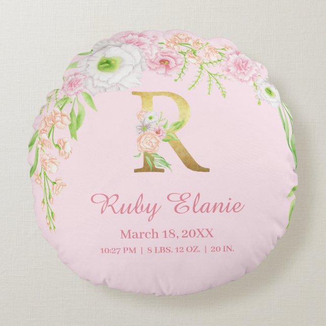 Blush Floral Gold Monogram "R" Baby Girl Stats Rund Kudde (Framsidan)