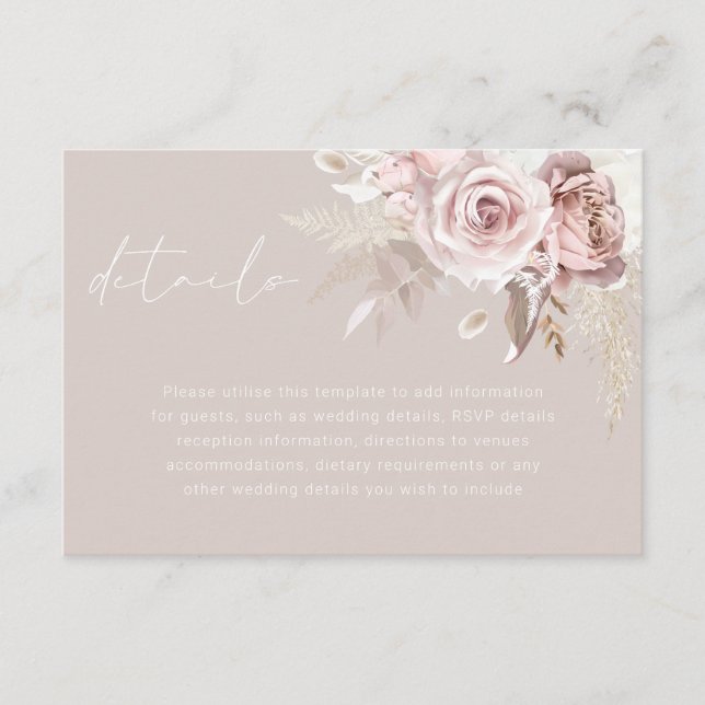 Blush Floral Gorgeous Wedding Details Tilläggskort (Framsida)