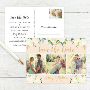 Blush Floral Guld Foto Spara Datum Meddelande Vykort