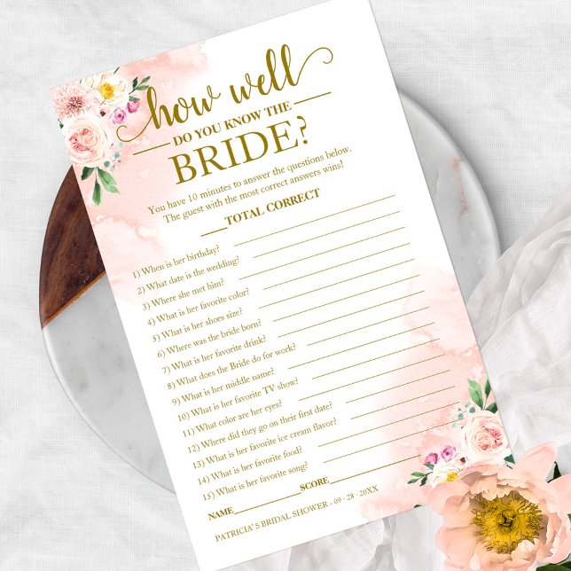 Blush Floral Guld Hur Väl Känner Du Bruden Flygblad (Skapare uppladdad)