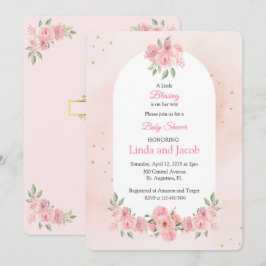 Blush Floral Kristet Bebisbad med Guld Kors Inbjudningar