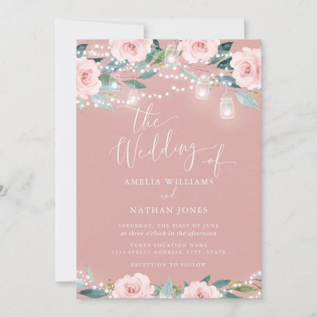 Blush Floral Leaf String lights Wedding Invitation Inbjudningar (Framsida)