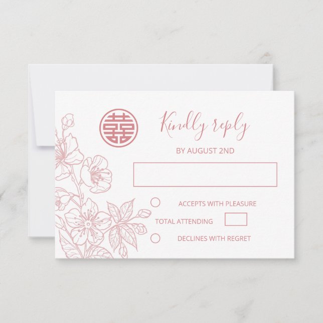 Blush Floral Line Art Chinese Wedding RSVP OSA Kort (Framsida)