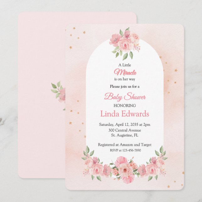 Blush Floral Little Miracle Baby Shower  Inbjudningar (Fram/baksida)