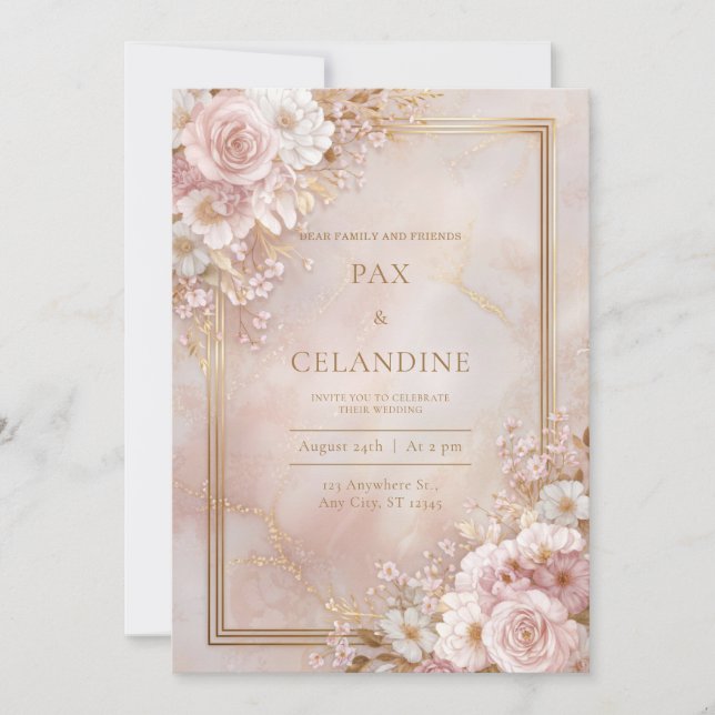 Blush Floral Marble Gilded Frame Wedding Inbjudningar (Framsida)